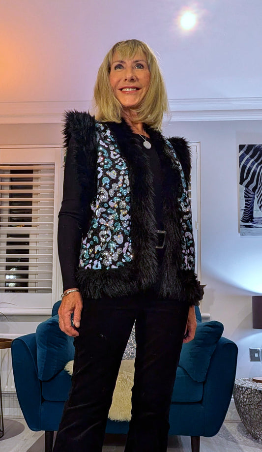 Ella Faux Fur Trim Sleeveless Cardigan with Aqua Animal Print 