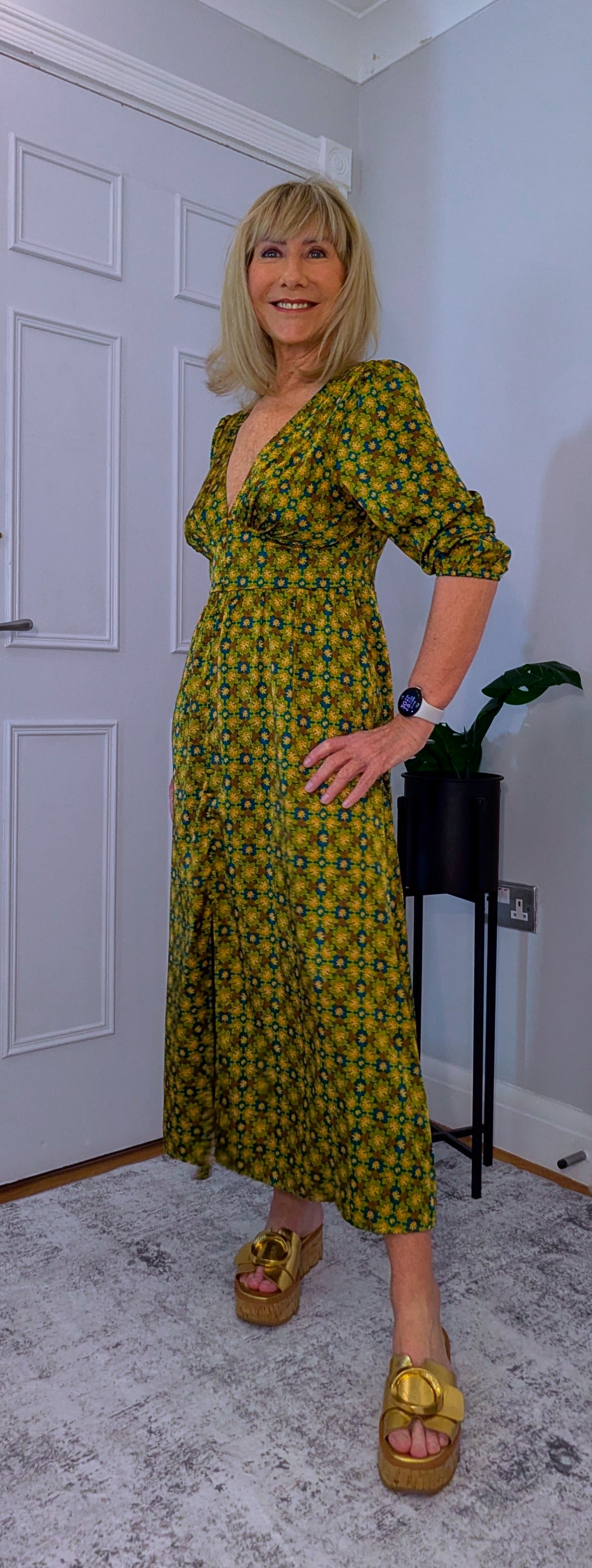 Allegra  Midi Dress in Olive Green and Gold With Tie Back