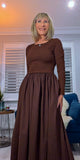 Betty Dress – Ribbed Cotton Jersey with Flared Skirt & Pockets (Black or Chocolate Brown)