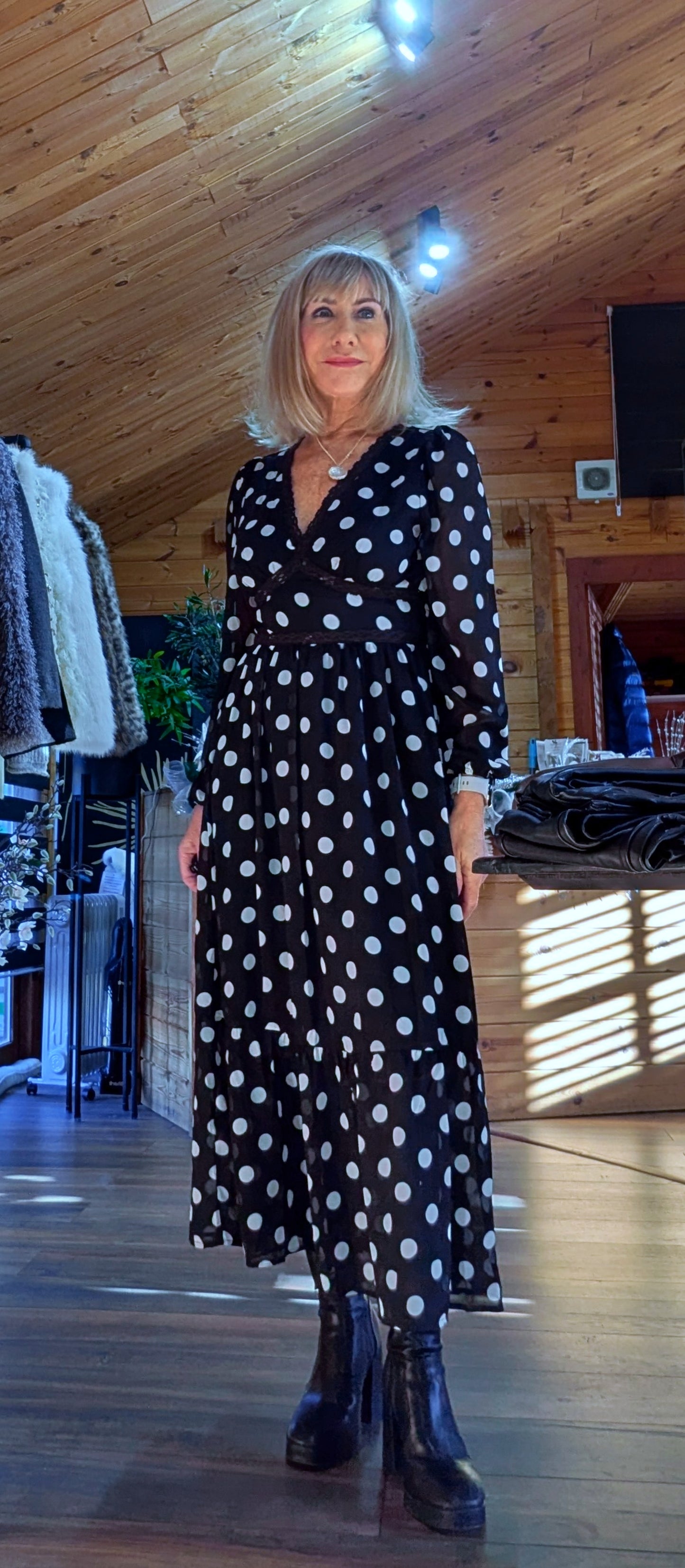 Hazel Polka Dot Print Lace Trim Long Sleeve Midi Dress In Black