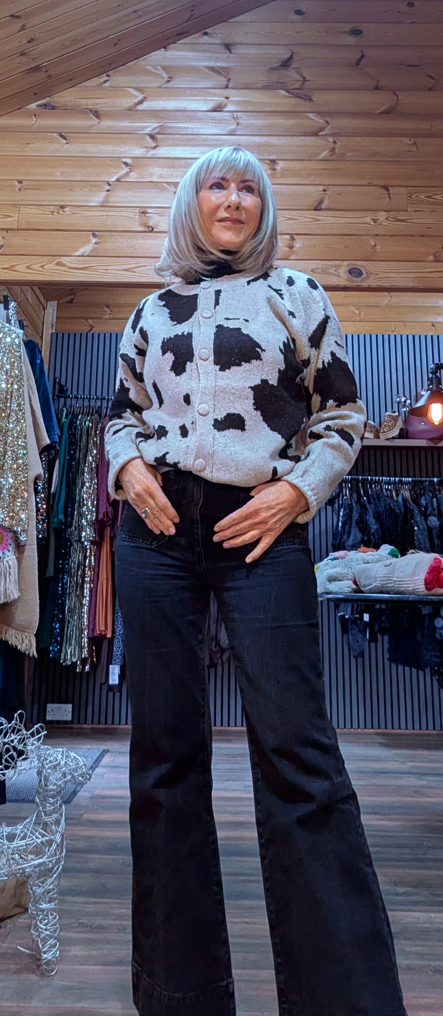 Cathy Taupe Cow Print Soft Knit Cardigan – Button Front