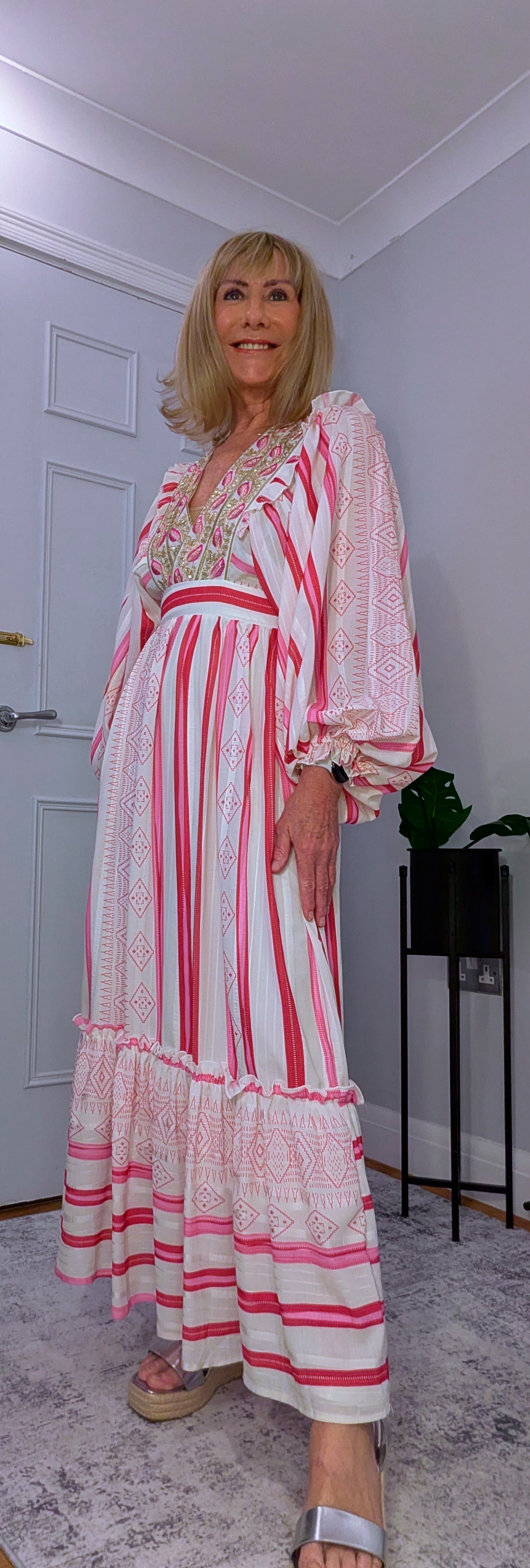 Ophelia Maxi Dress in  Pink and White with Gold Embellishment Cottage Core Style