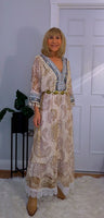 Lucy – Lace Bohemian Maxi Dress in Soft Beige with Navy Embroidery