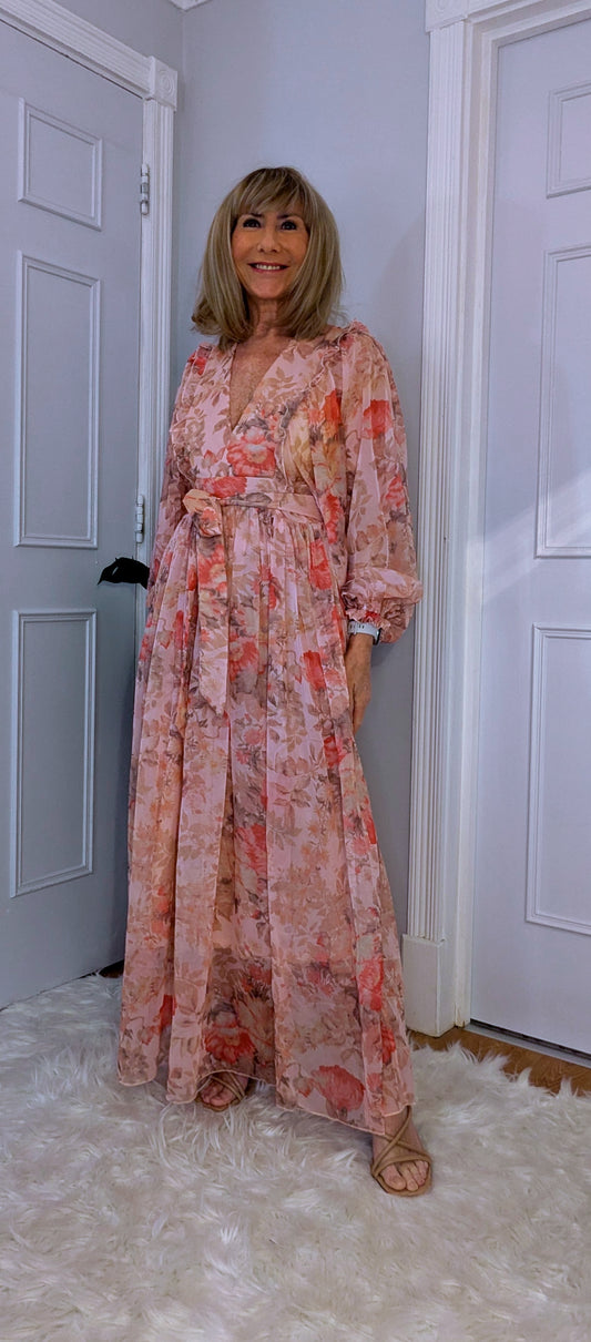 Tia Pink Floral Maxi Dress Boho  with Balloon Sleeves and Sash Tie  Belt
