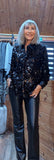 Shania Black Sequin Blouse – Satin Collar & Cuffs