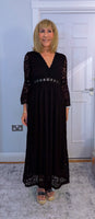 Pearl Lace Dress – Black Boho Style with Pagoda Sleeves & V-Neckline