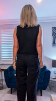 Genevieve Black Sleeveless Cardigan with White Border & Gold Buttons