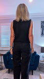 Genevieve Black Sleeveless Cardigan with White Border & Gold Buttons