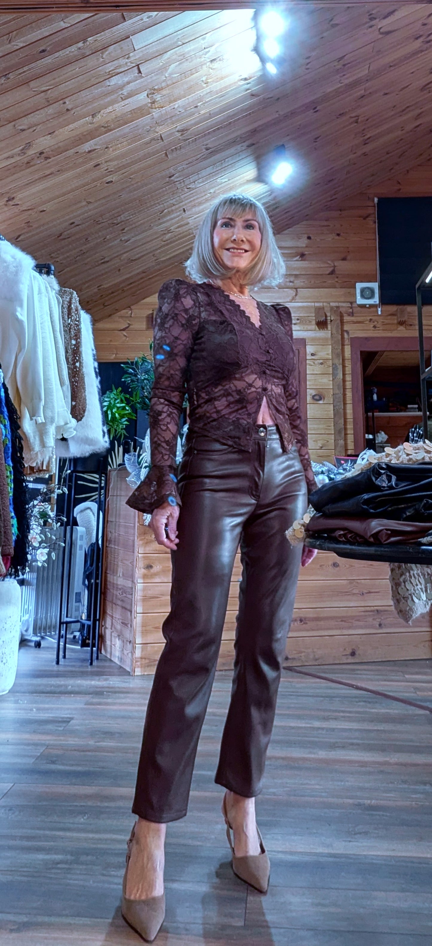 Catsia Chocolate Lace Top styled for evening wear in chocolate with panelled bust