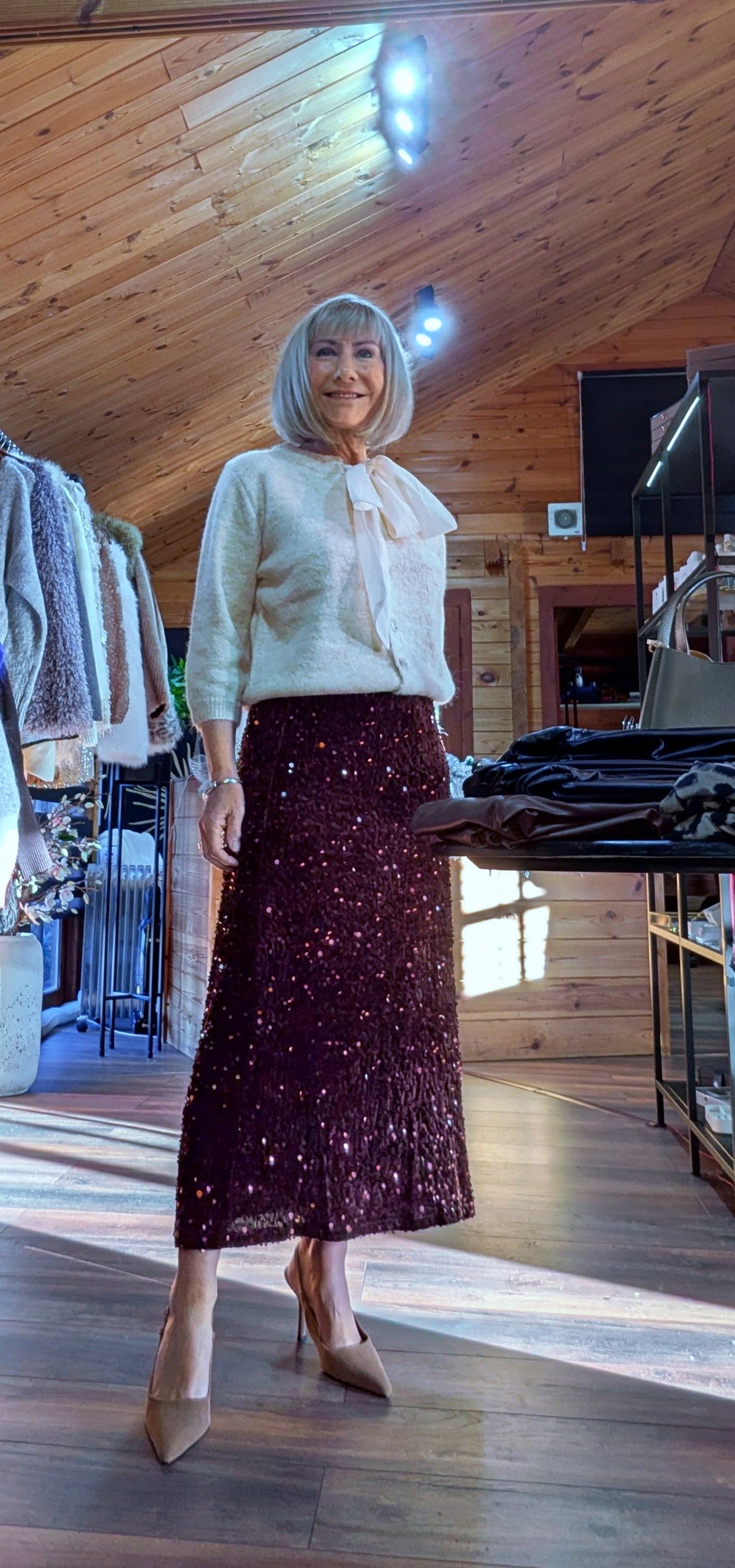 Astrid Sequin Bias Cut Skirt – Chocolate Brown/ Black with Silk Waistband