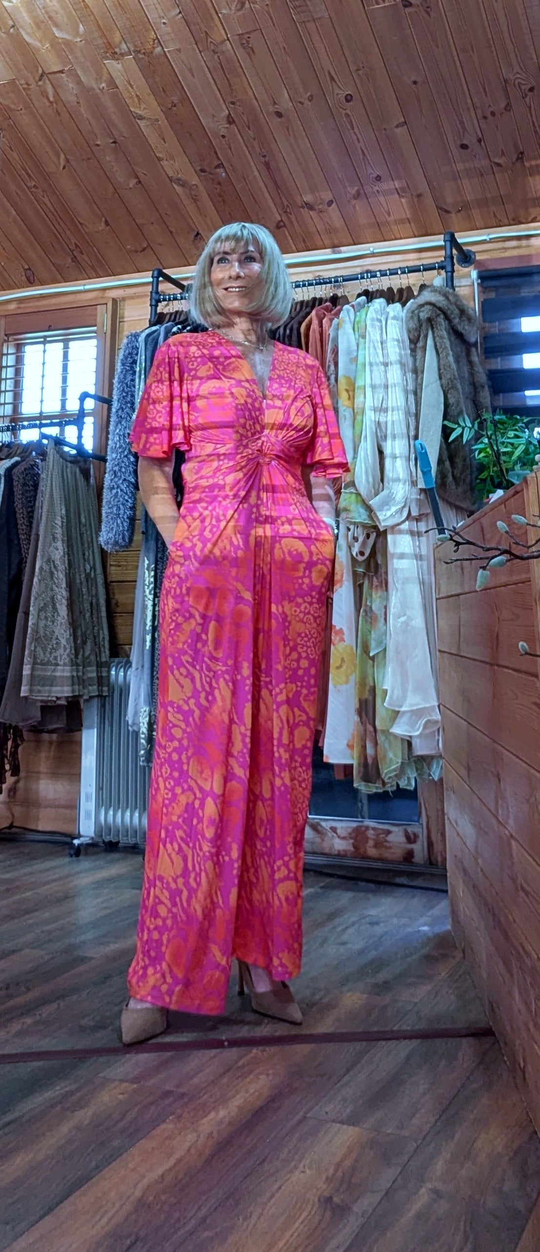 Justina Tropical Green - Fuchsia -Angel Sleeve Maxi Jumpsuit with Twist Detail