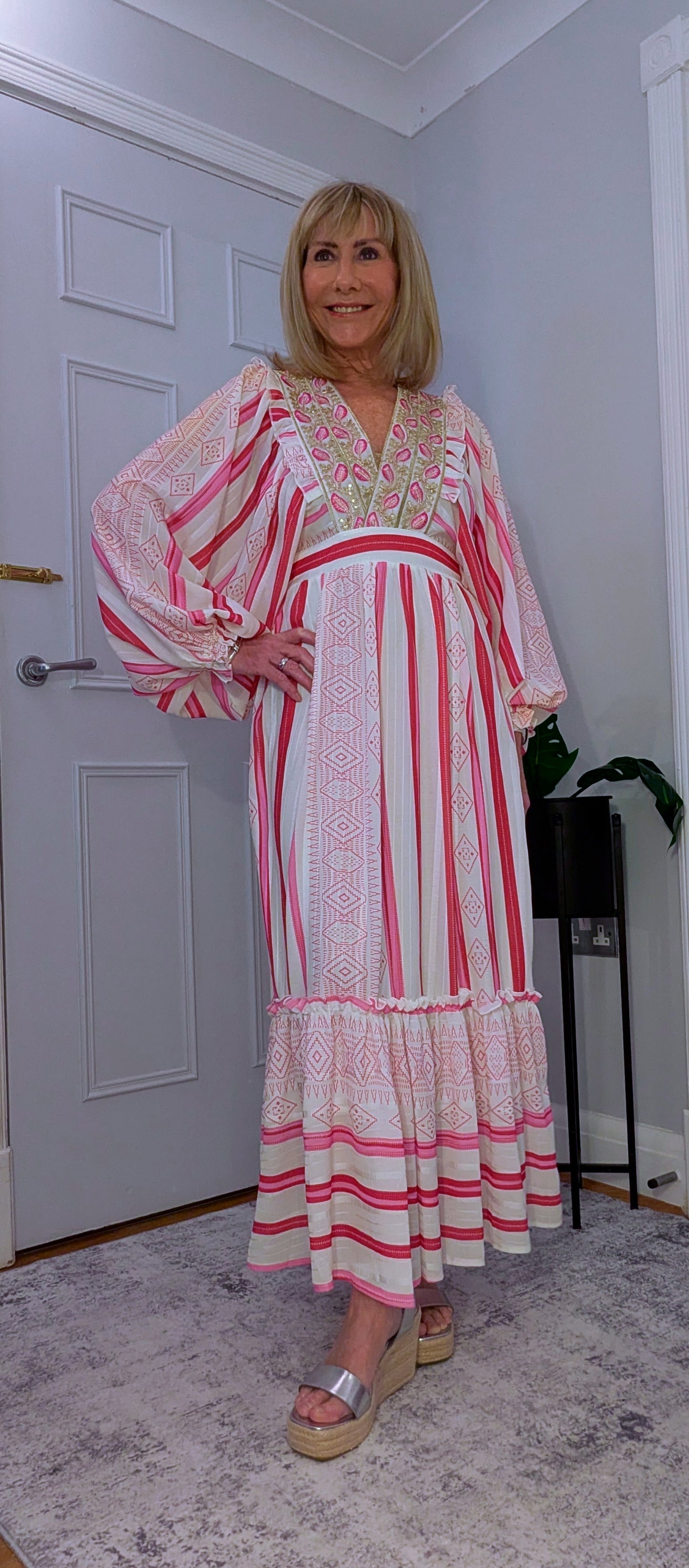 Ophelia Maxi Dress in  Pink and White with Gold Embellishment Cottage Core Style