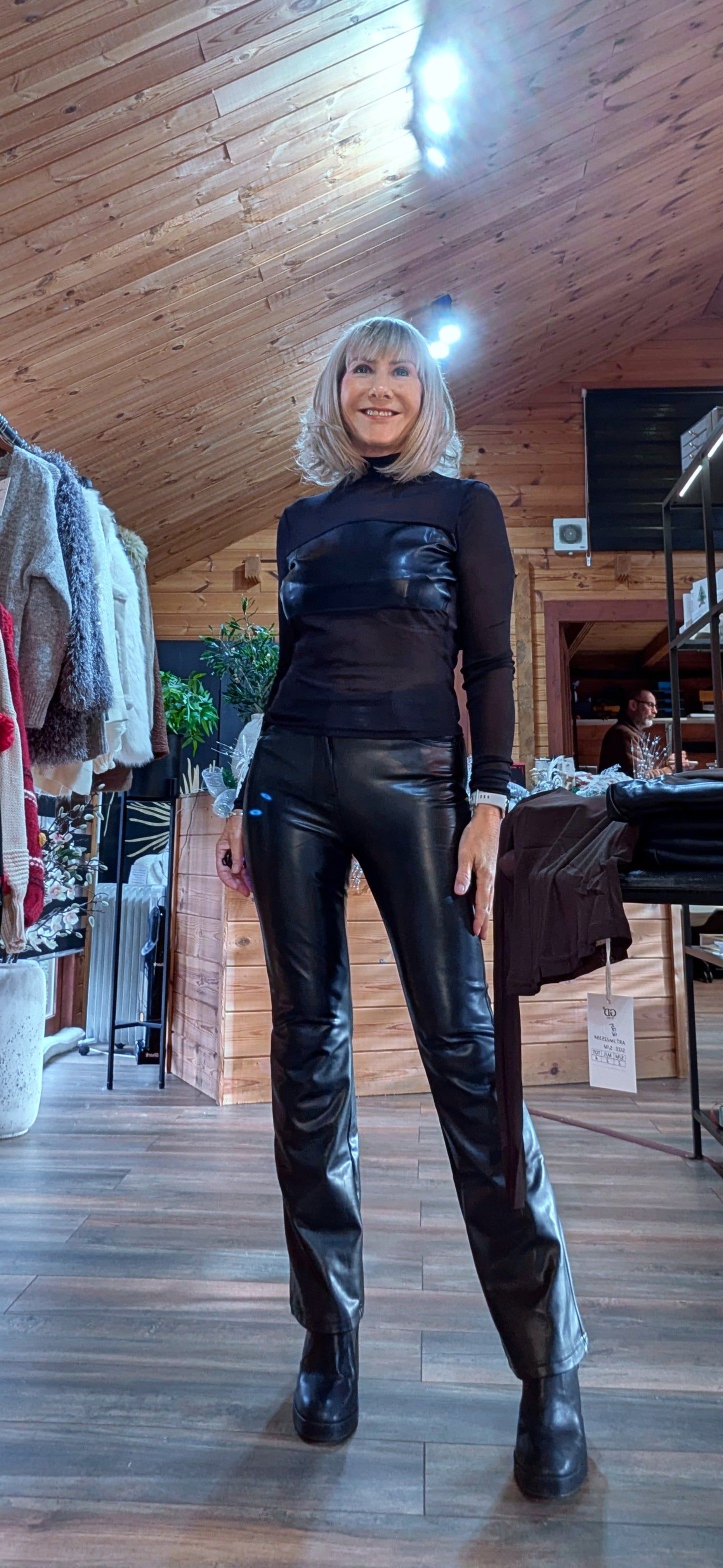 Marla Sheer Fitted Top – Faux Leather Bust Panel - High Neck- Black or Chocolate