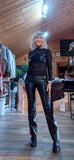 Marla Sheer Fitted Top – Faux Leather Bust Panel - High Neck- Black or Chocolate