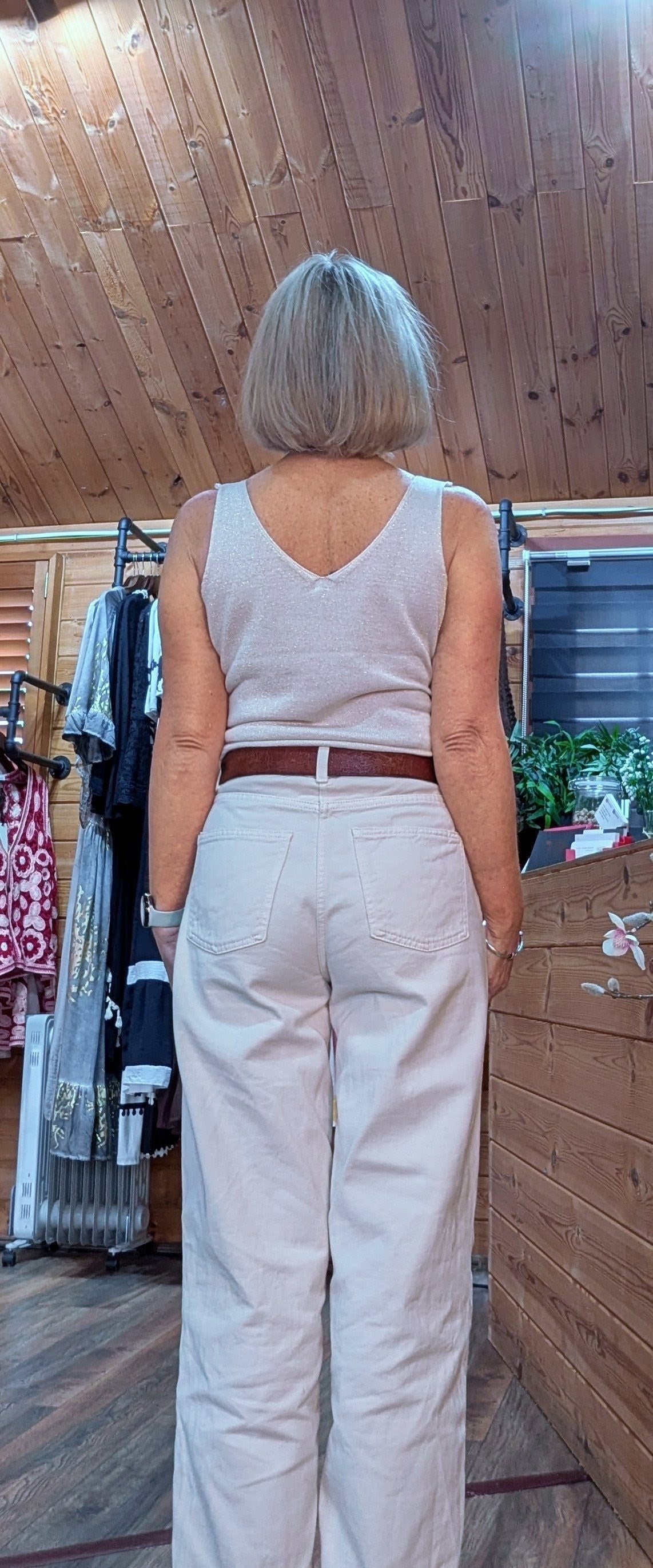 Romilly Gold Shimmer Vest Top styled by ditsydi with casual jeans rear view