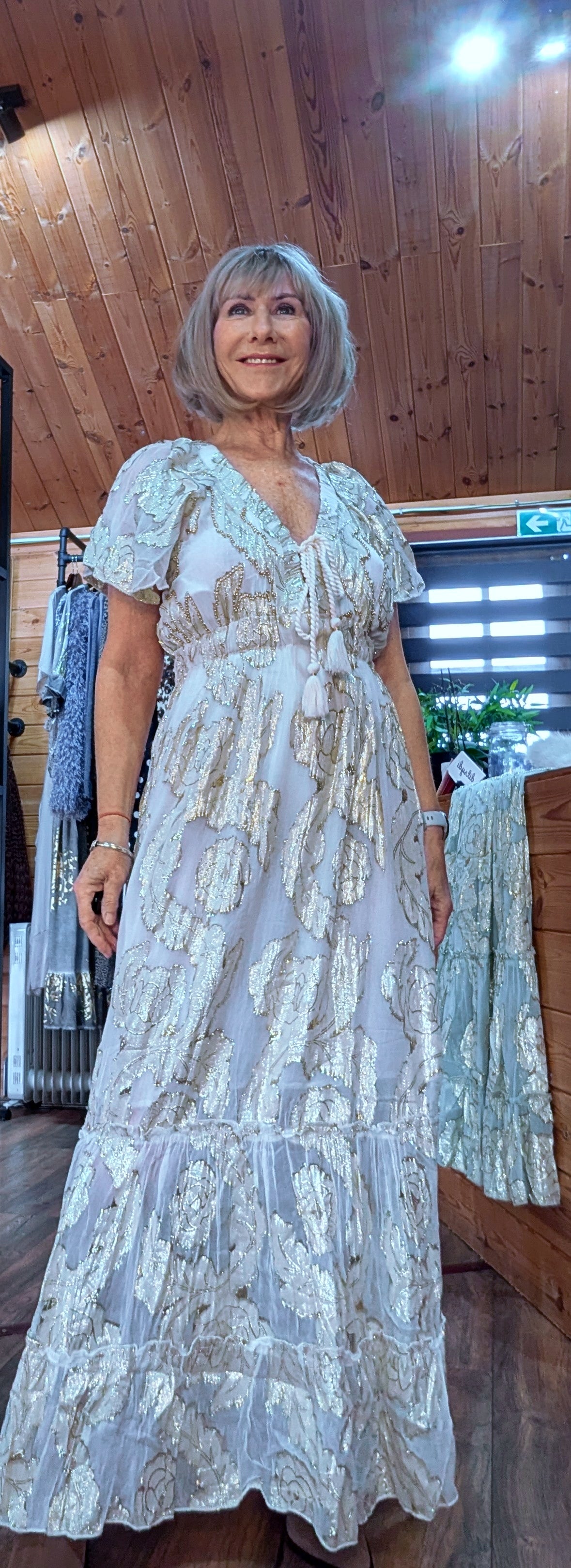 Bohemian maxi dress with gold rose embossed finish