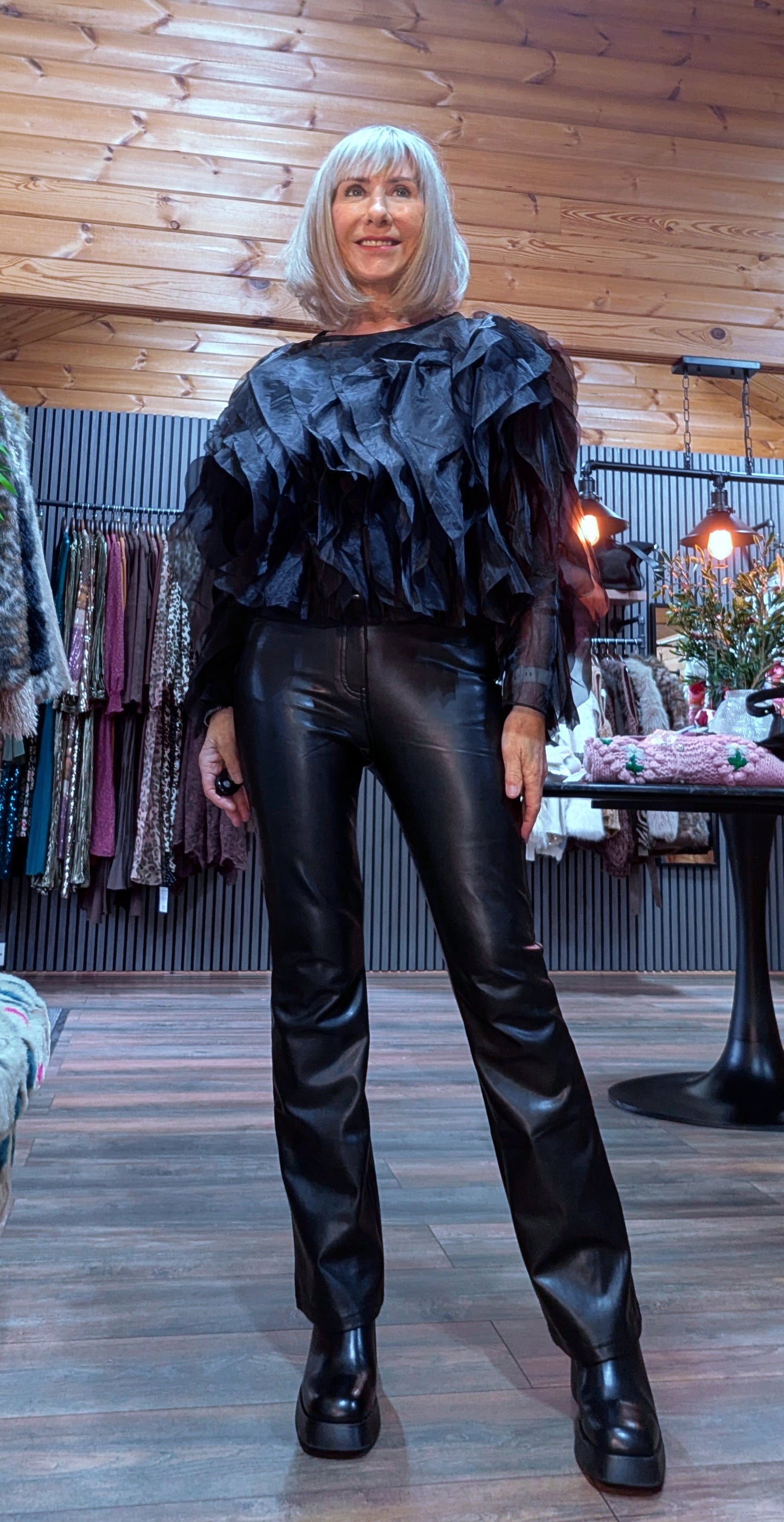 Prunella Black Ruffle Blouse – Tie Neck -Balloon Sleeves