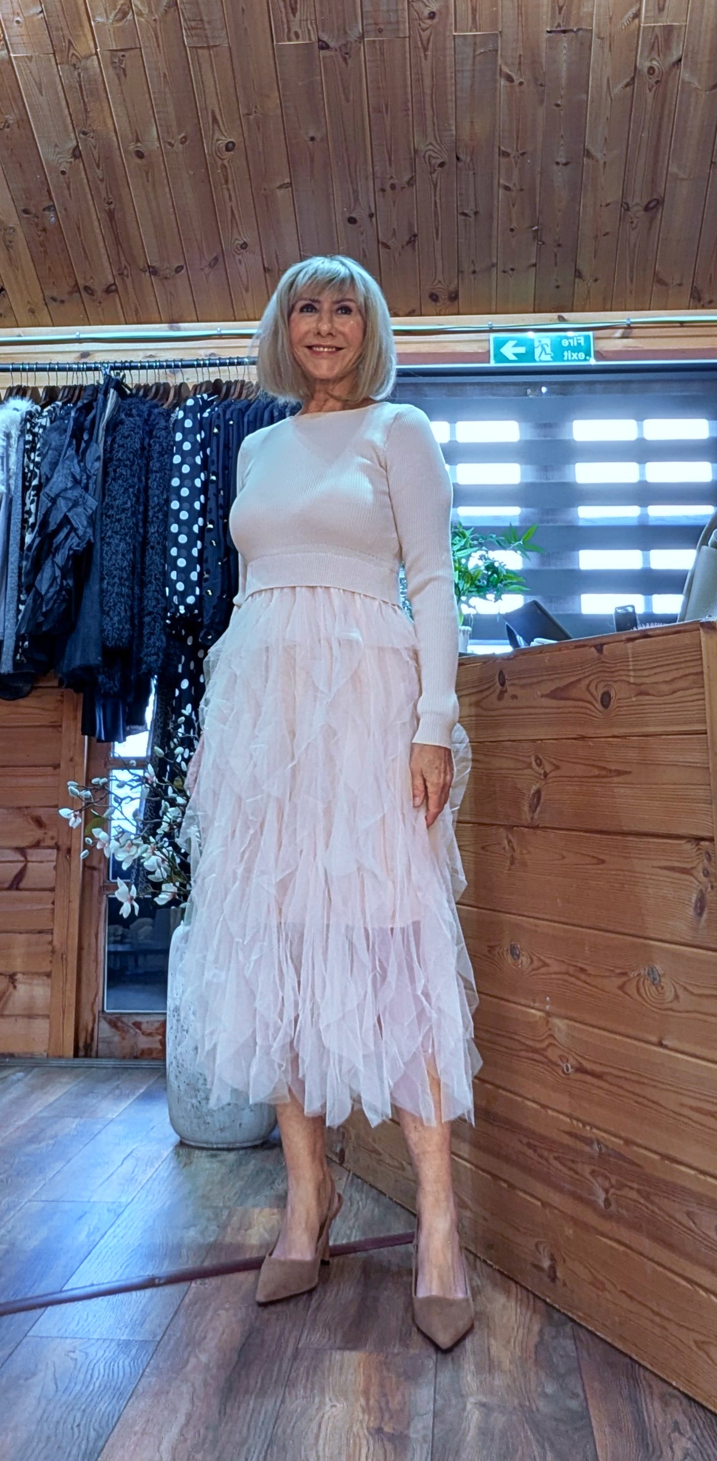 Storm Tulle Dress  with Waterfall Tutu Skirt in Taupe Long sleeves
