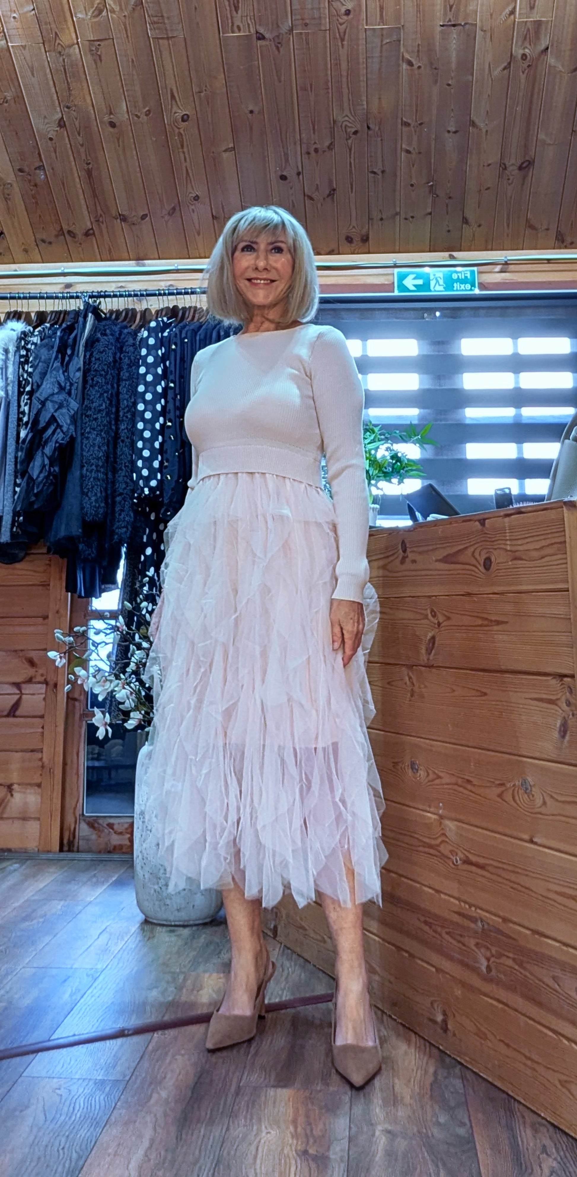 Storm Tulle Dress  with Waterfall Tutu Skirt in Taupe Long sleeves