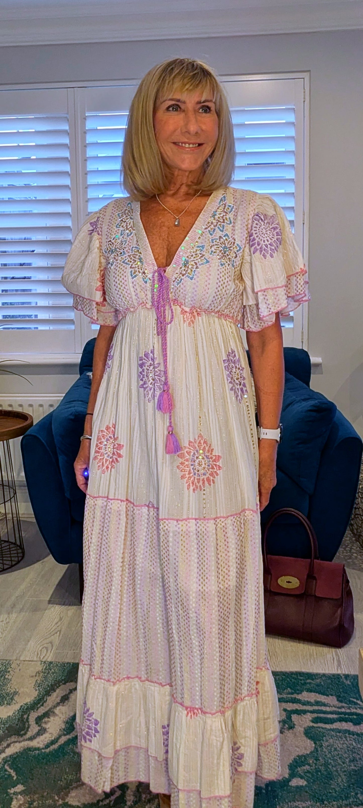 Rhea Bohemian Floral Maxi Dress In Green or Lilac Cotton
