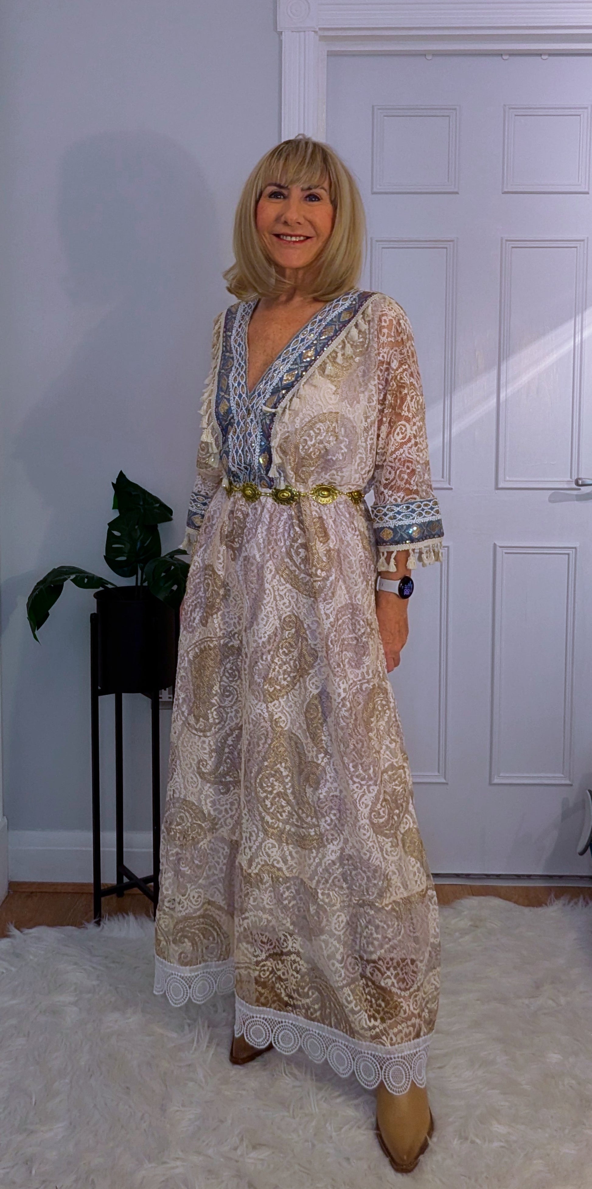 Lucy  Lace Bohemian Maxi Dress in Soft Beige with Navy Embroidery
