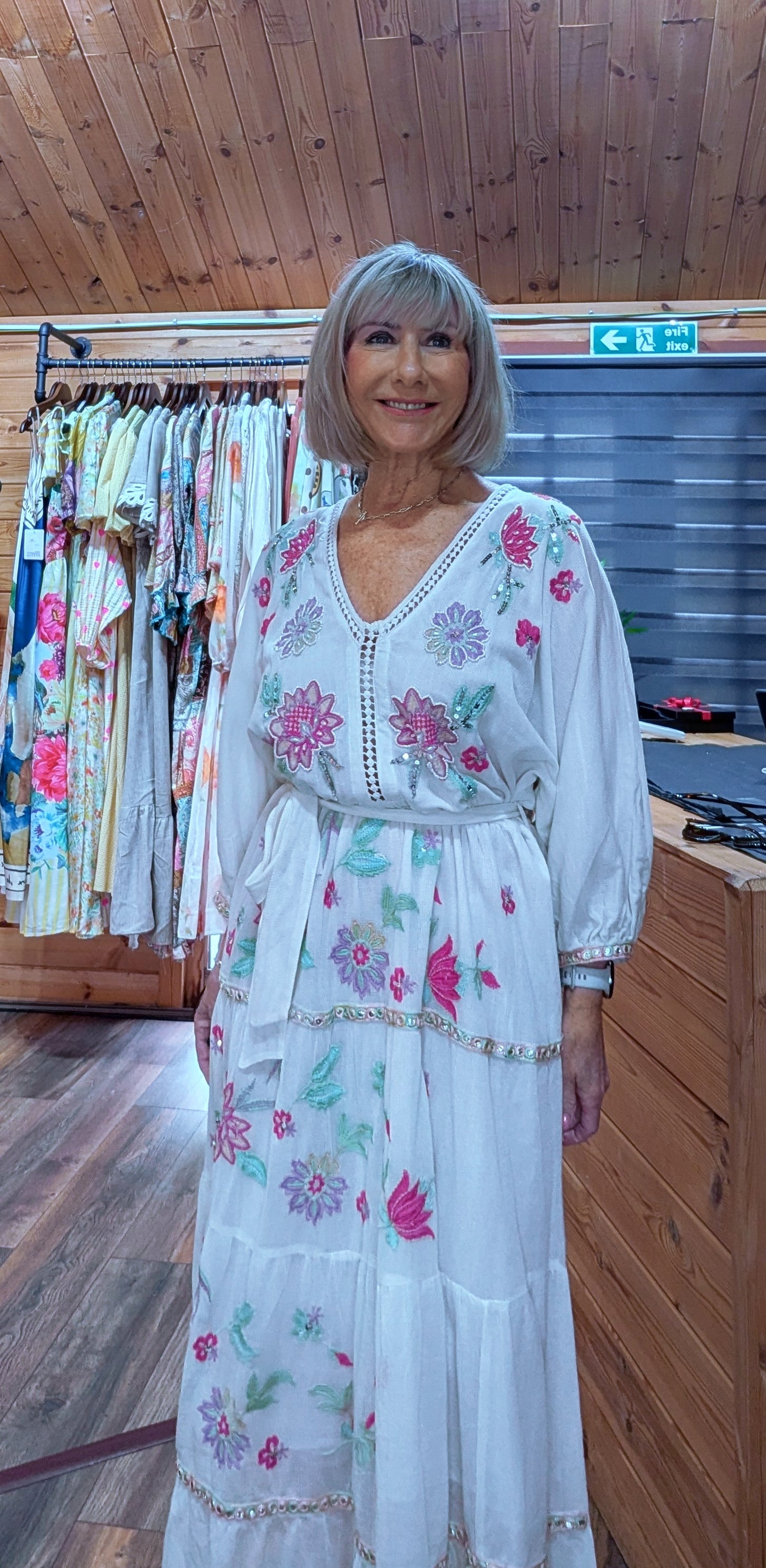 Darwin White Bohemian Dress with Floral Embroidery with tiered layered skirt