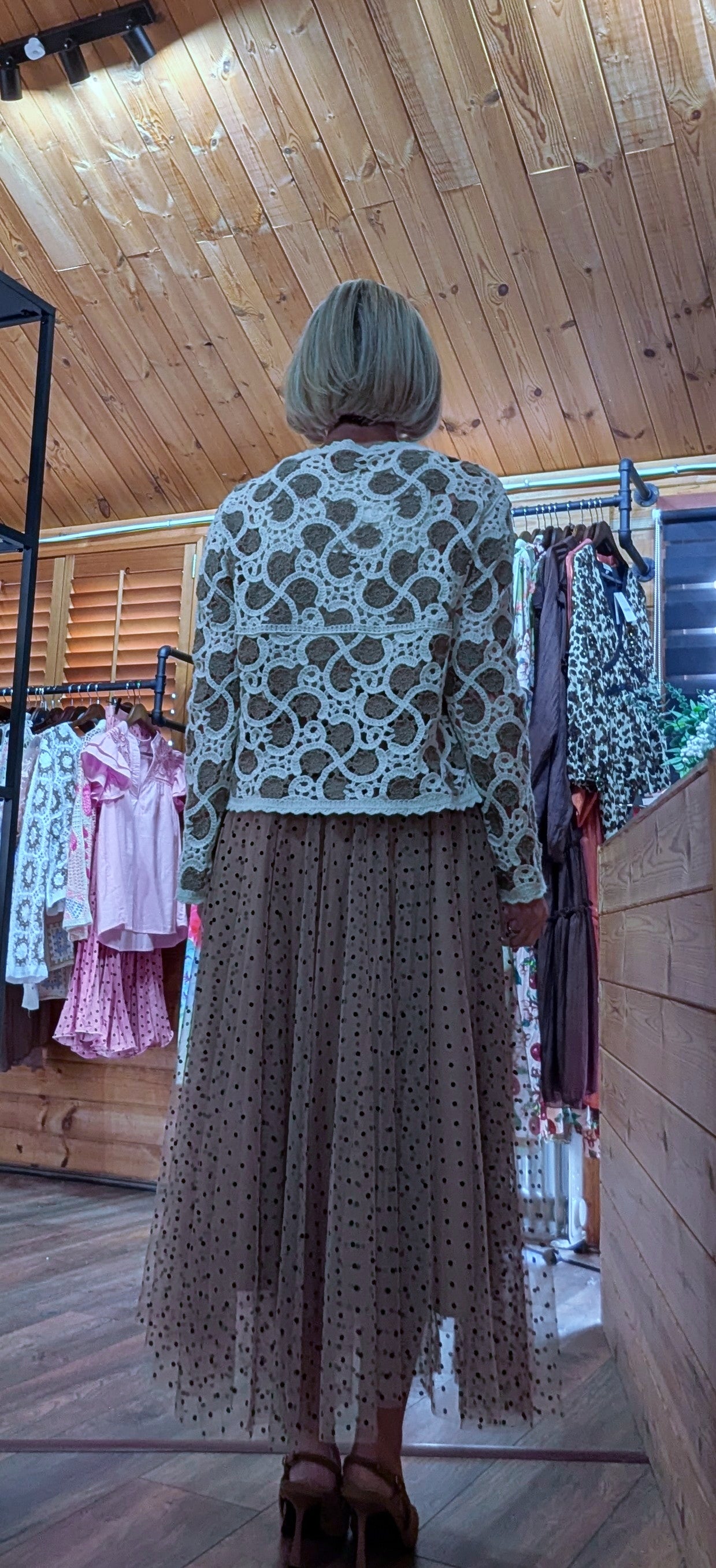 Tabitha taupe polka dot tulle skirt styled by ditsydi