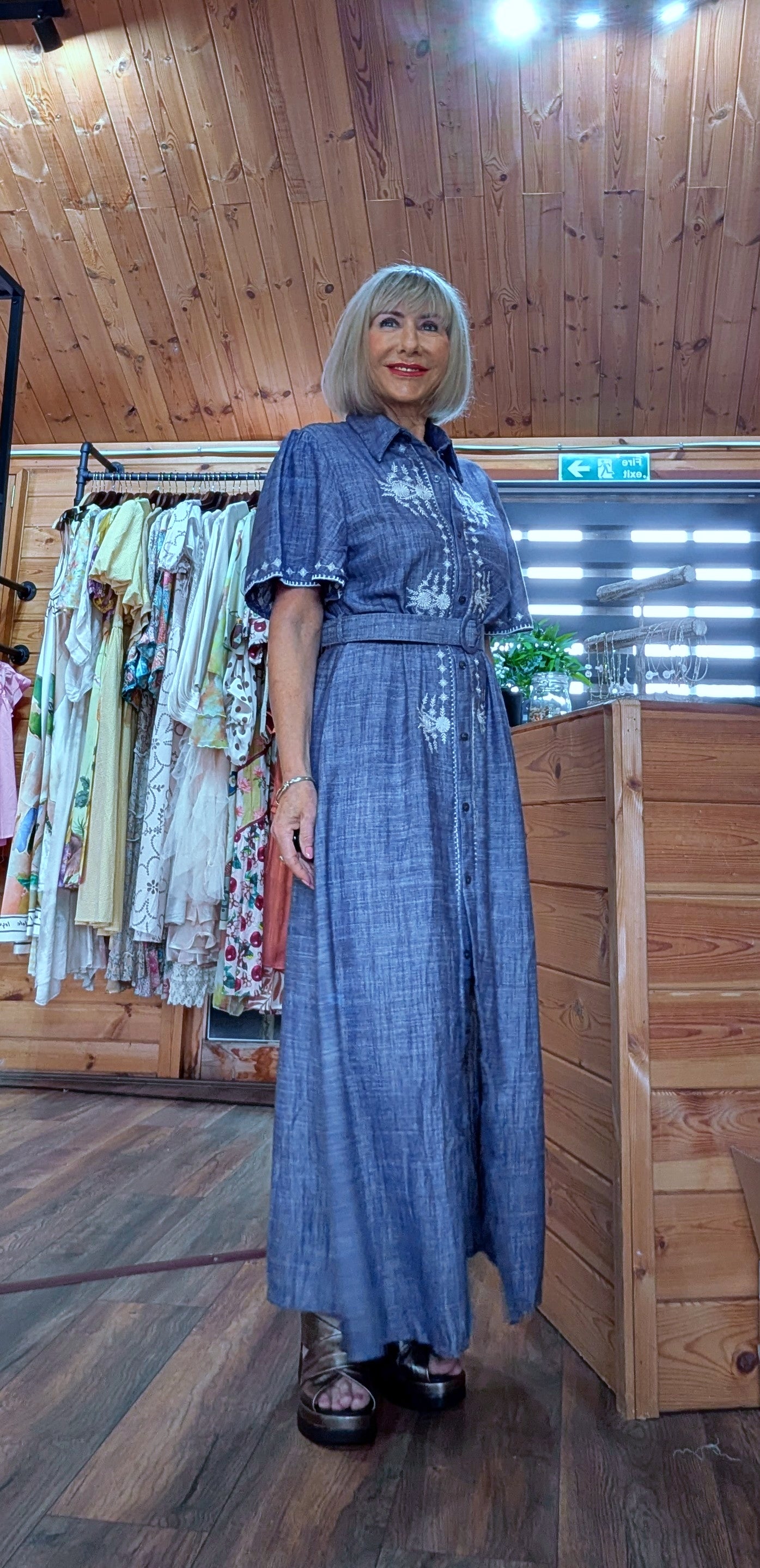 Clover Blue Shirt Dress With Belt - White Embroidery cotton with button up front