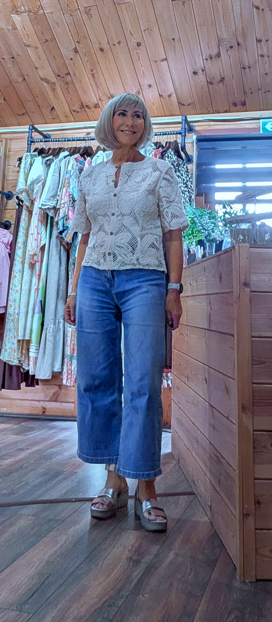 Fia Crochet Cardigan Ecru styled with wide leg jeans