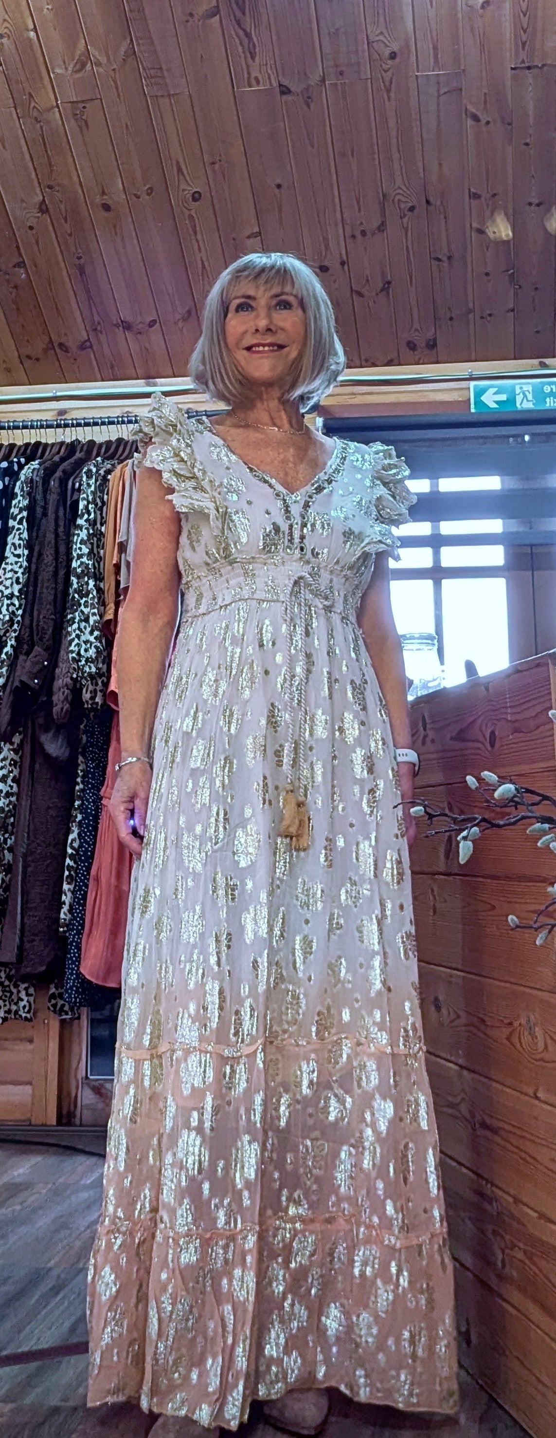 Boho Summer  Maxi Dress with tassels with gold print and frill sleeves