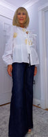 Melanie Cotton Smock Blouse – White or Cream with Gold Embroidery