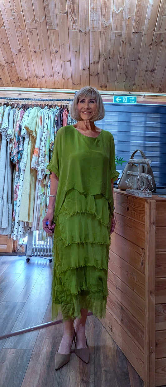 Josie Silk Blend Layered Occasion Dress in Green