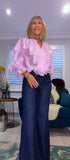 Dahlia Ruffle Blouse – V-Neck Puff Sleeve Top- Pink