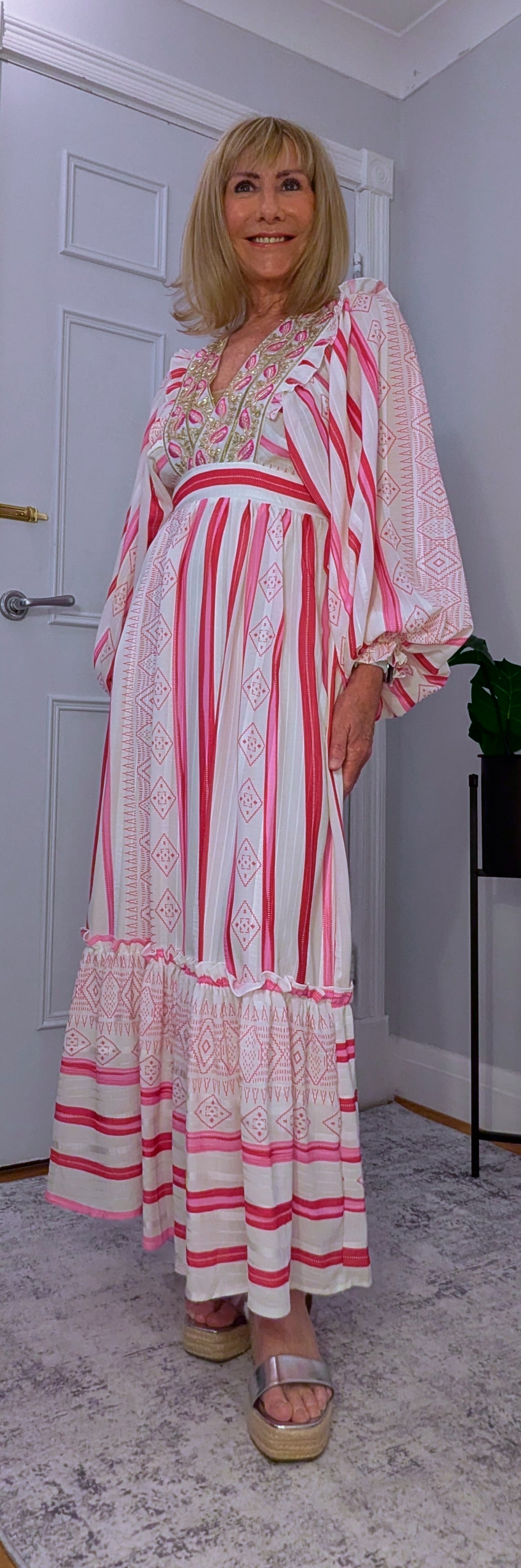 Ophelia Maxi Dress in  Pink and White with Gold Embellishment Cottage Core Style