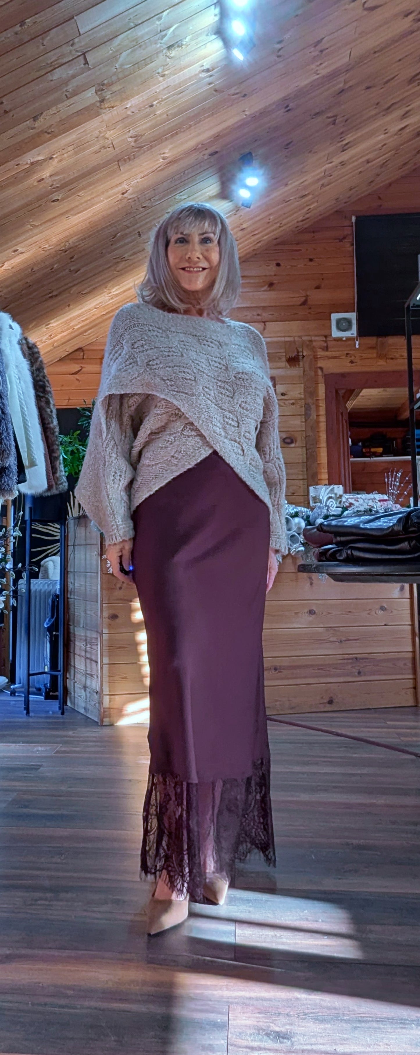 Lumine Chocolate Satin Slip Skirt – Lace Frill Hem