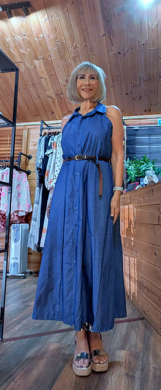 Raven navy blue cotton maxi dress with collared neckline