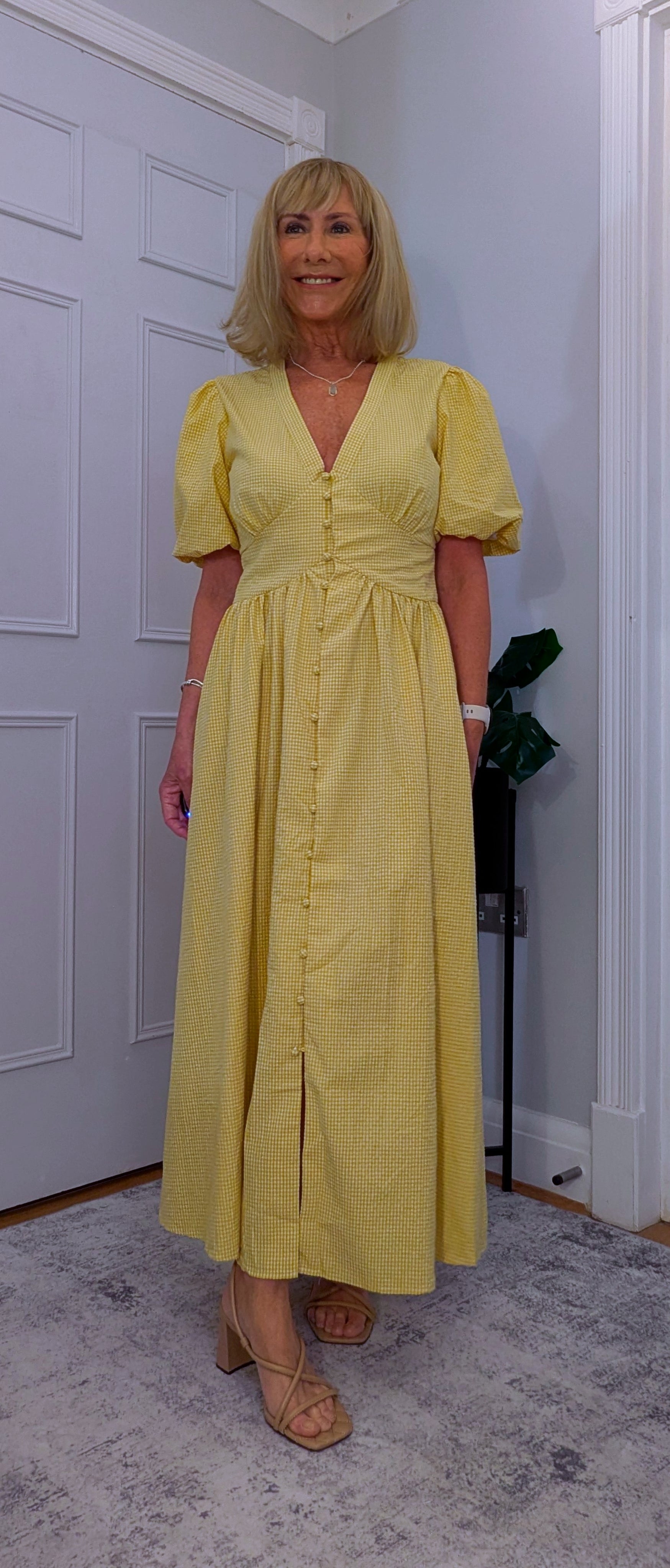 Bethany Yellow Gingham Midi Dress Vintage Puff Sleeve Style