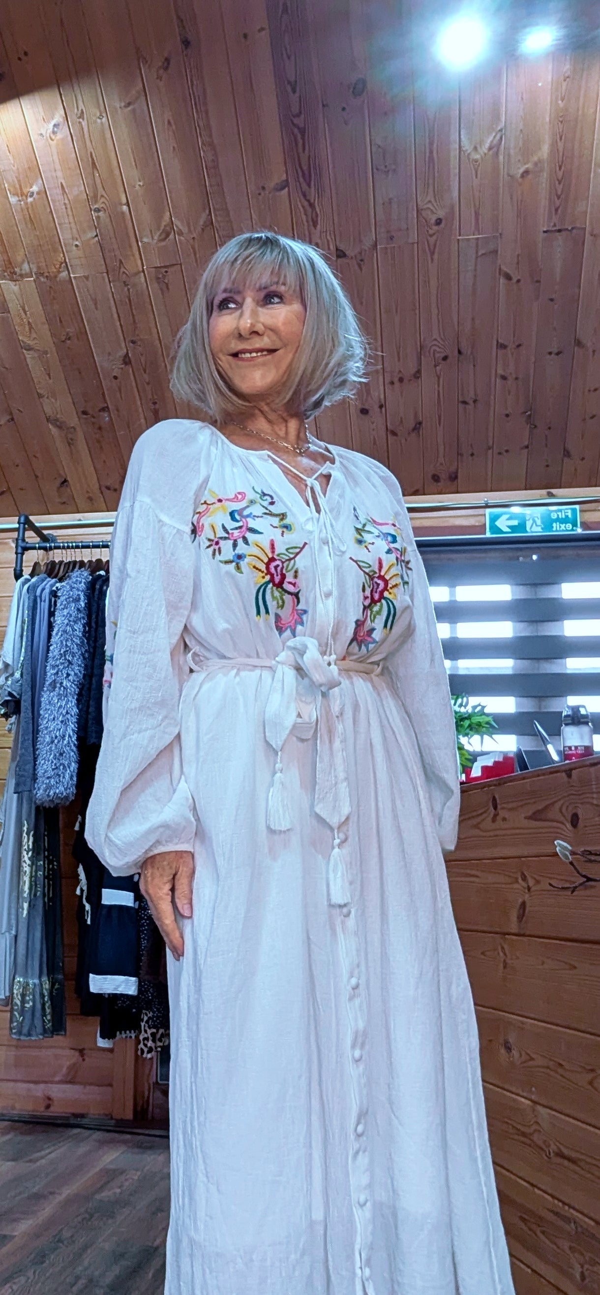 White cotton maxi dress with colourful embroidery