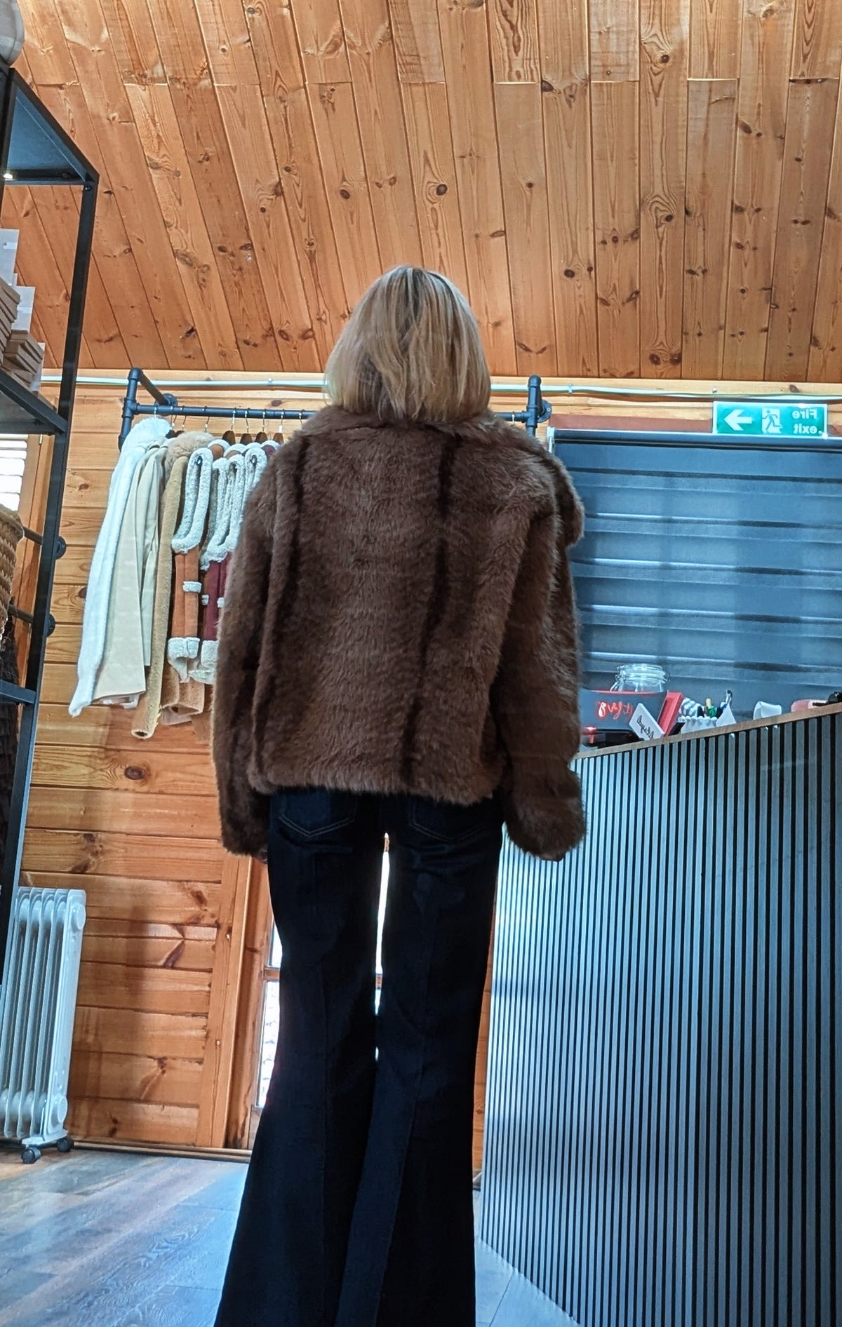 Rear view Women’s Charlotte faux-fur jacket available in taupe and chocolate brown