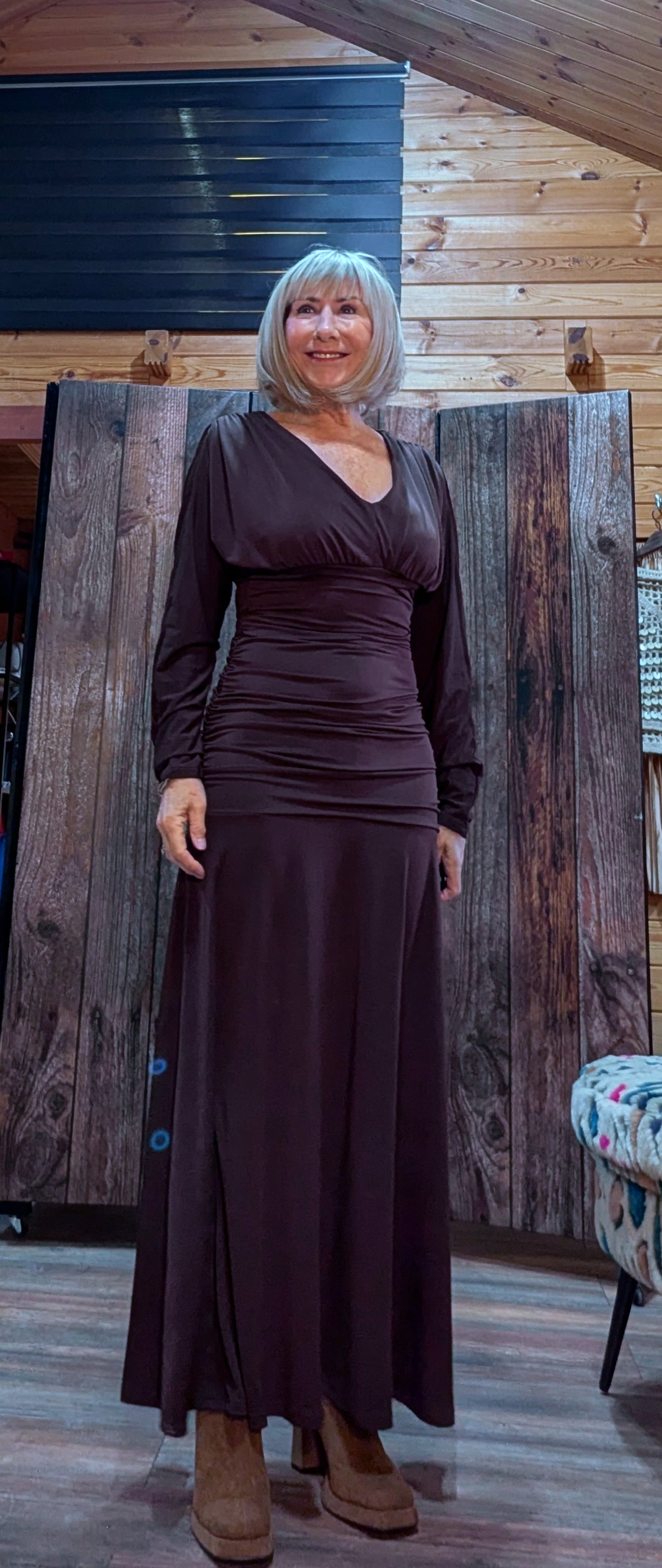 Aspen Ruched Dress – Autumnal Rust with Drop Waist  Slash Neck