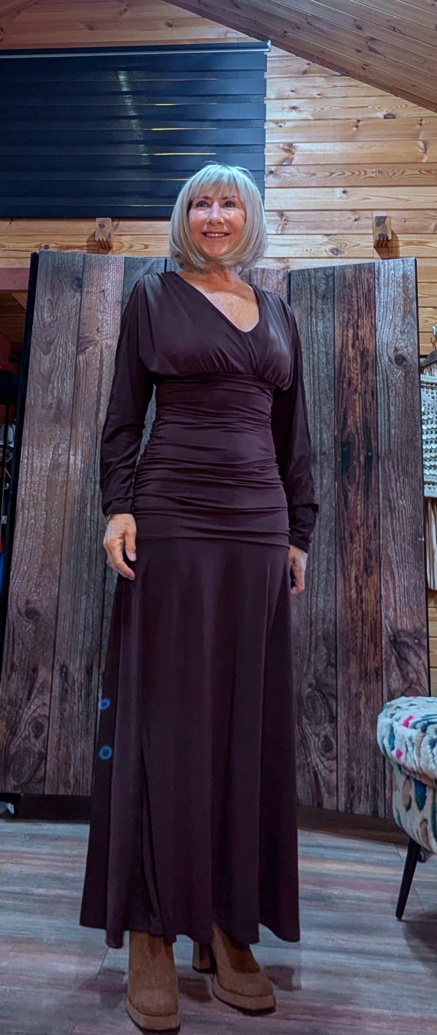 Aspen Ruched Dress – Autumnal Rust with Drop Waist  Slash Neck