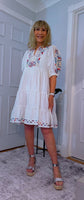 Bo Smocked Linen Cotton Dress – White with Pink & Blue Embroidery