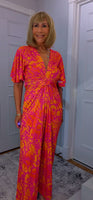 Justina Tropical Green - Fuchsia -Angel Sleeve Maxi Jumpsuit with Twist Detail