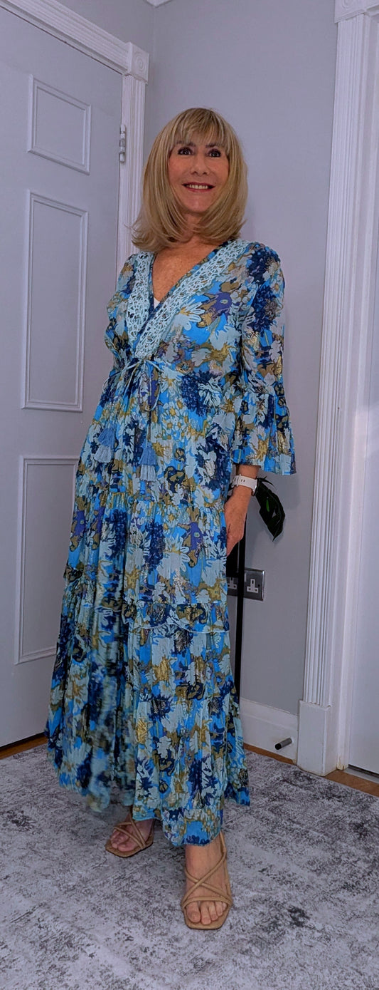 Belle Cotton Boho Dress in Blue with Embroidery 