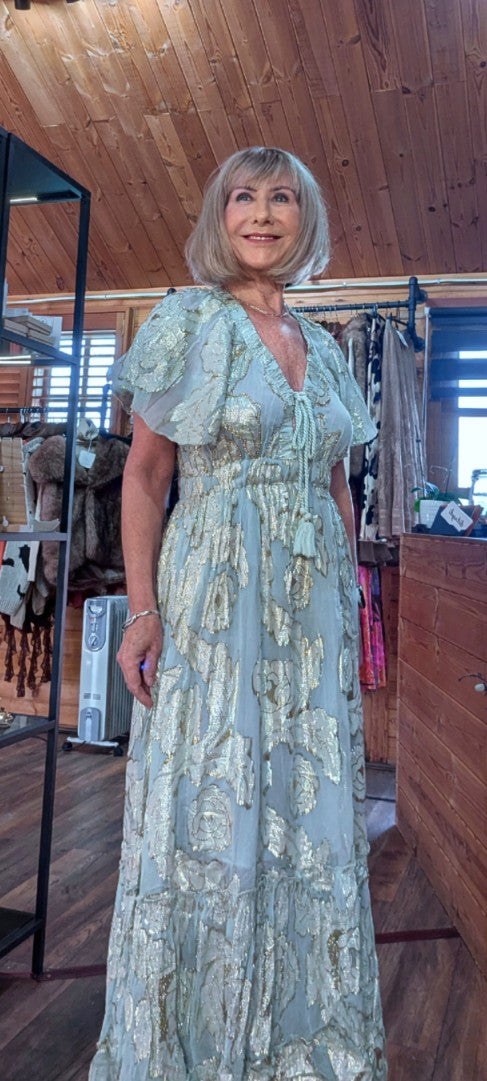 Bohemian maxi dress with gold rose embossed finish