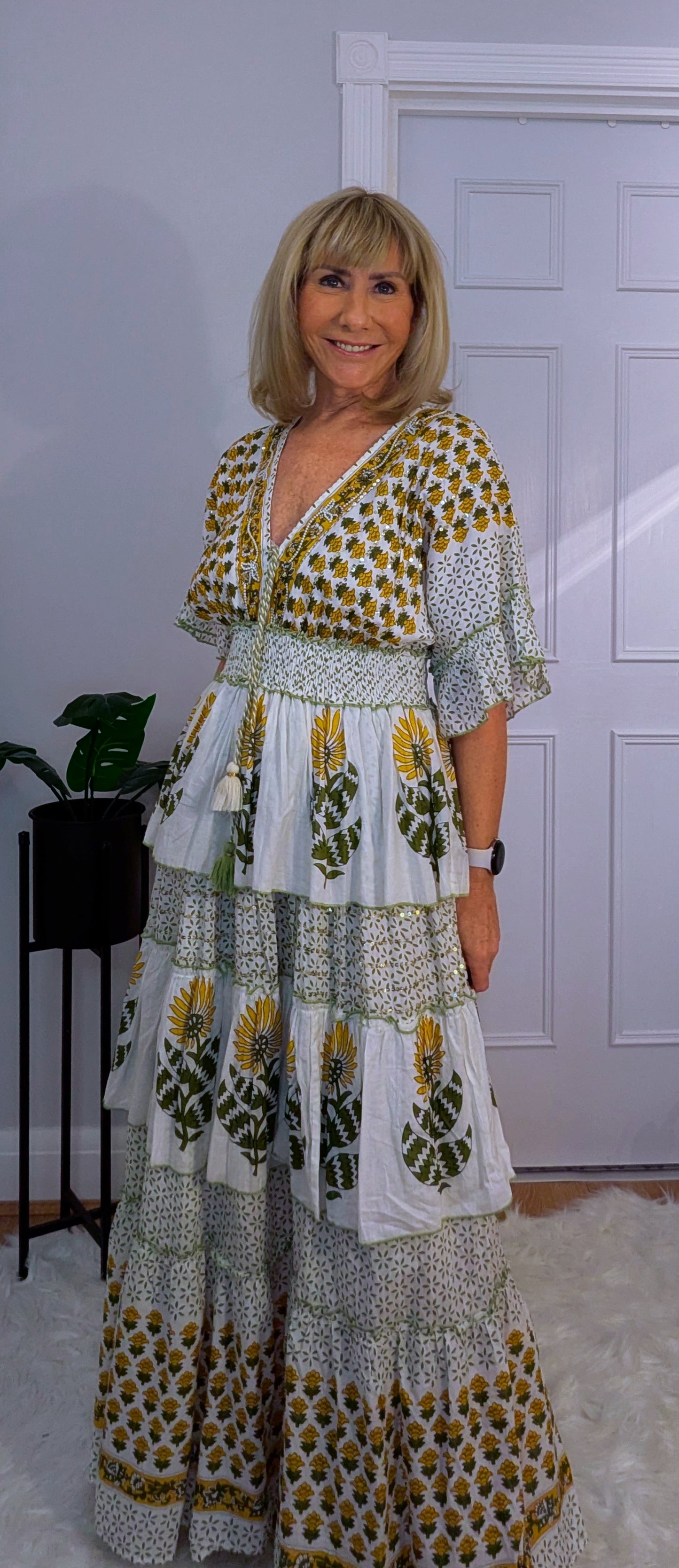 Santorini Bohemian Layered  Dress in White with Green and Gold Tassels