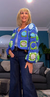 Fia Chunky Crochet Cardigan-– Blue & Green with 3D Flowers