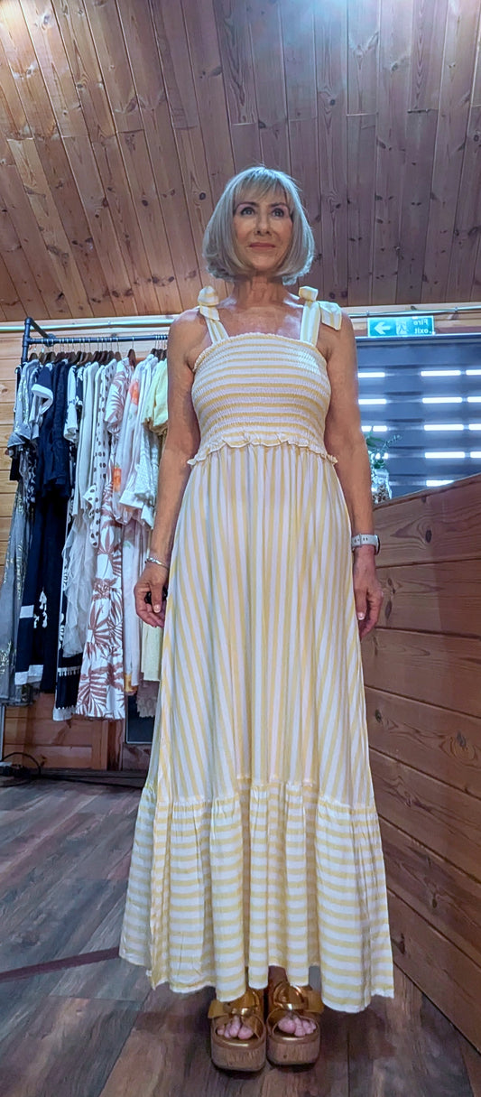 Aurora yellow striped viscose midi dress with tie straps