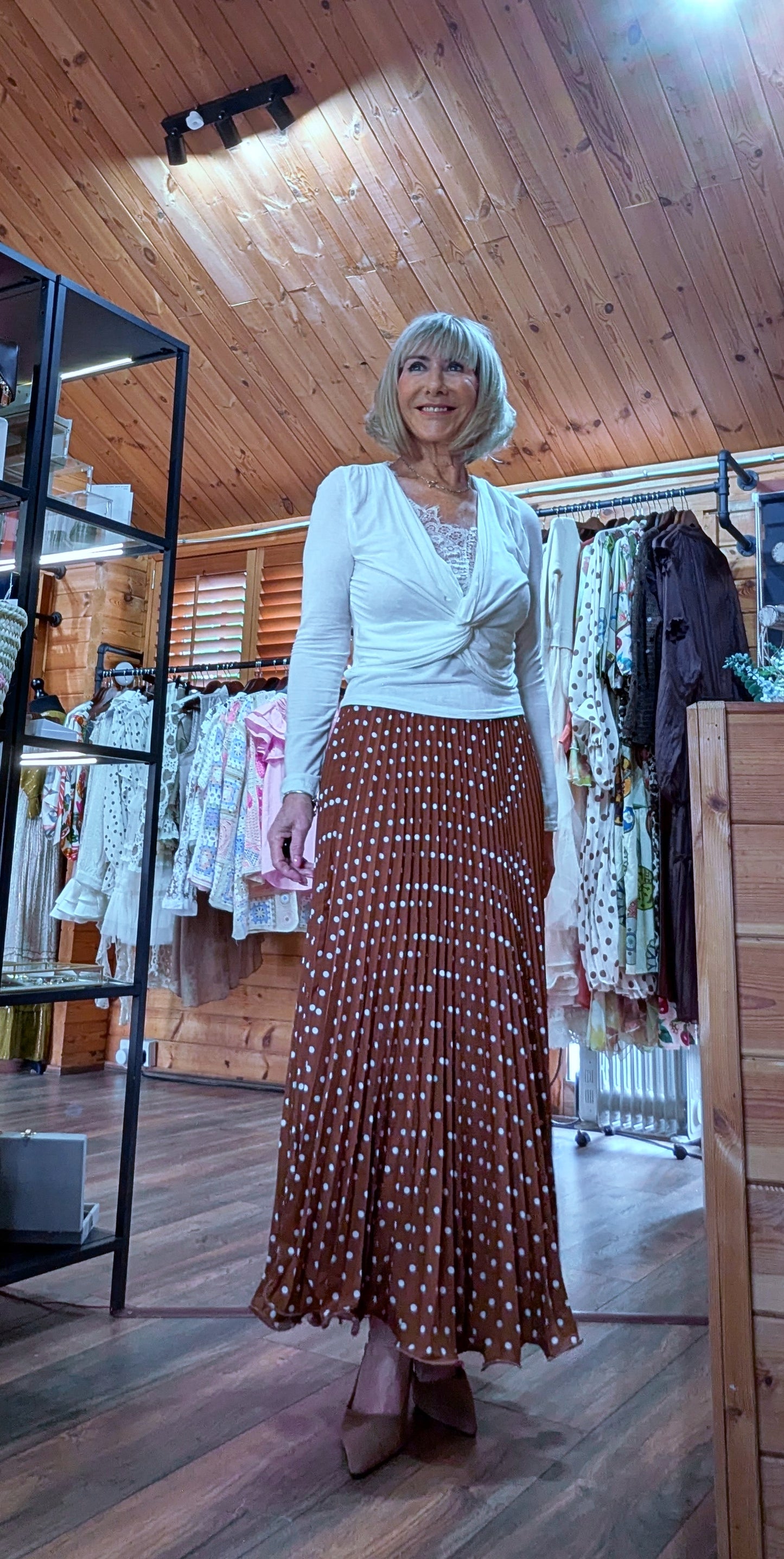 Floaty pleated midi skirt with polka dot print worn by ditsydi