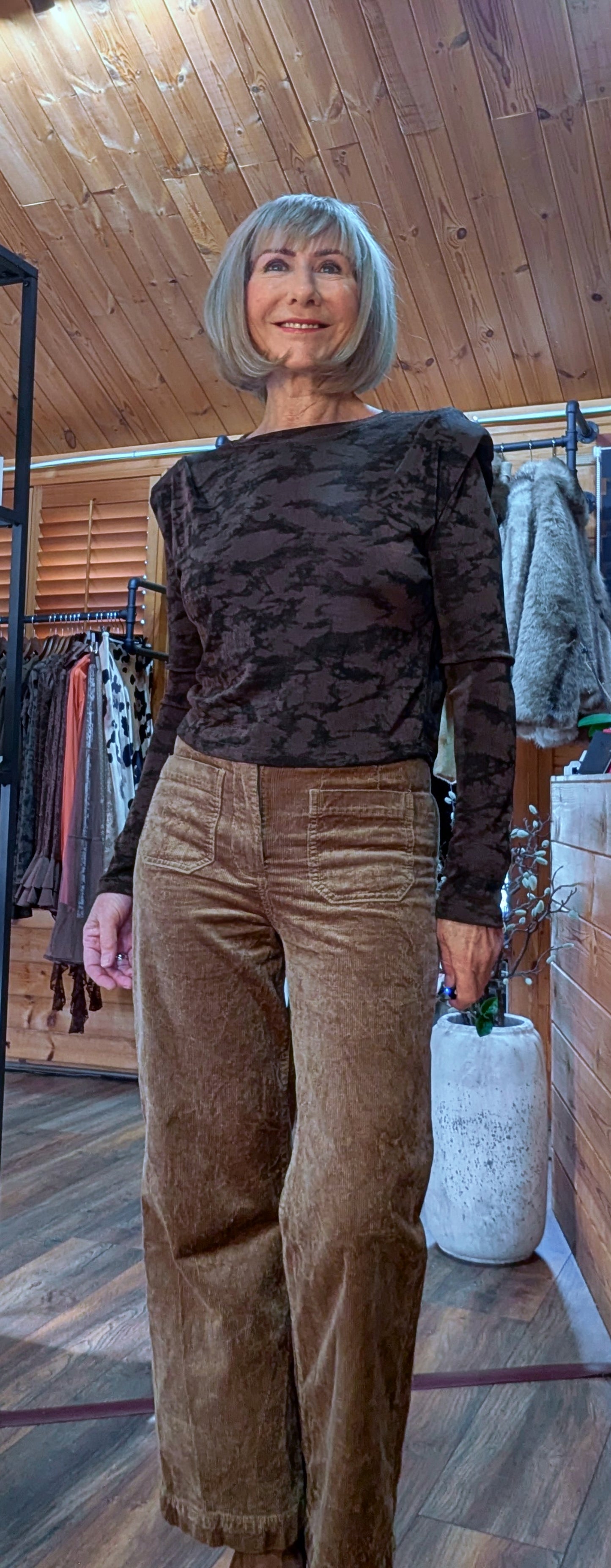 Madeline Lurex Tie-Dye Top – Warm Chocolate with Shoulder Pads